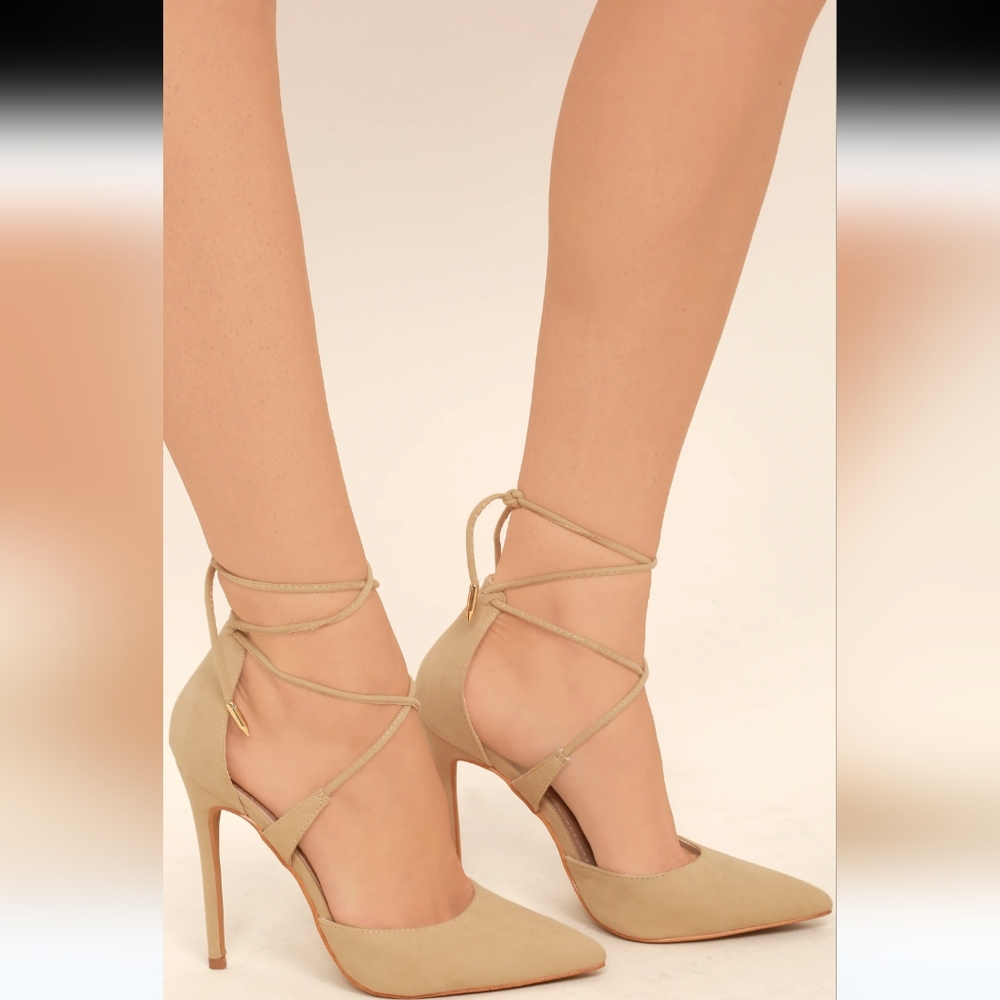 Lulus Dani Nude Suede Lace-Up Heels